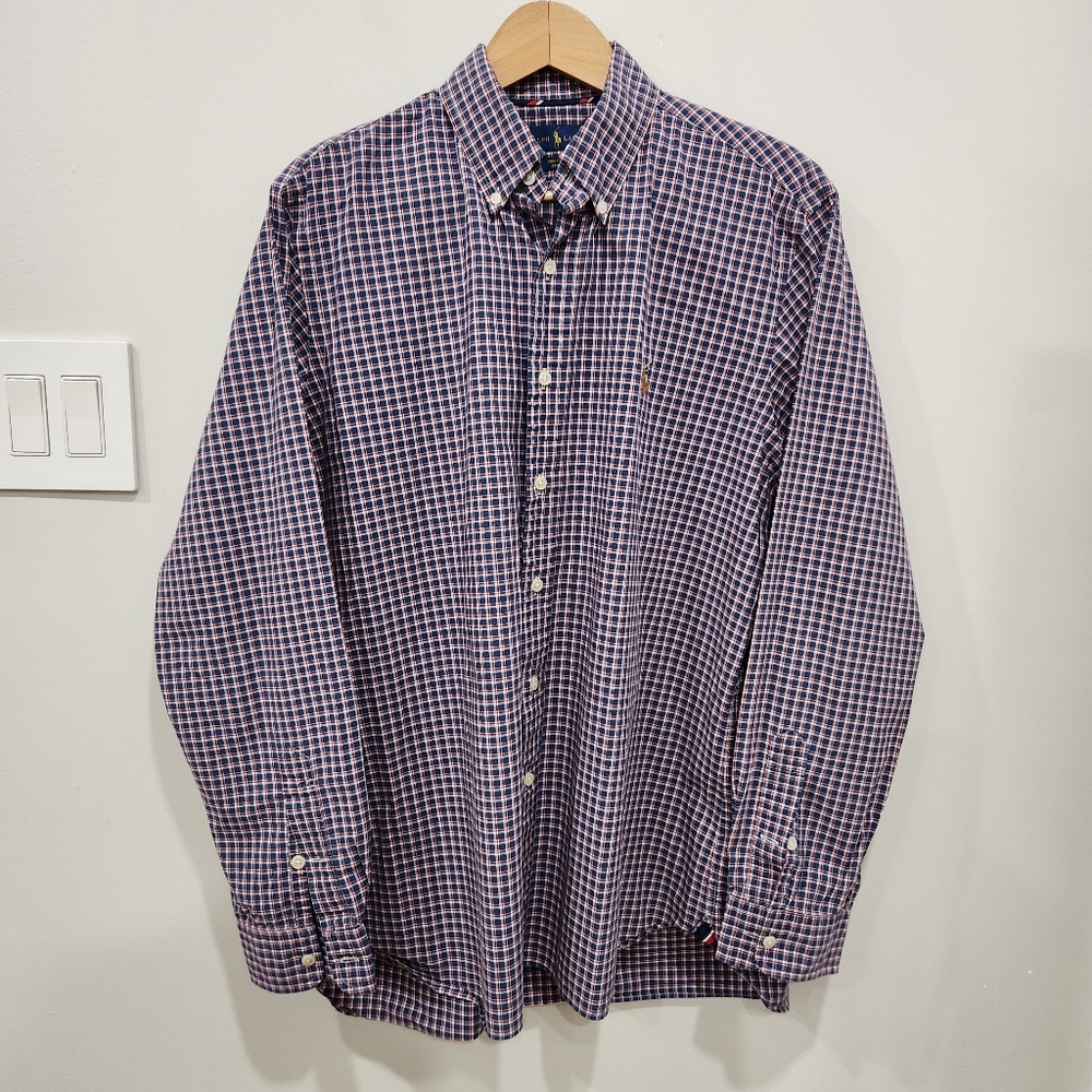 Ralph Lauren 100% Cotton Stretch Button Down Shirt Men’s L Plaid Purple Red